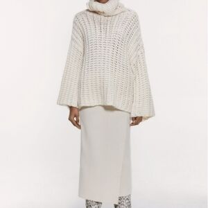 Zara Ecru Chunky Knit High Neck Turtleneck Tunic Oversized Sweater Size Small